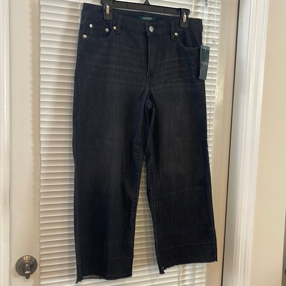 Lauren Black Wash Hi Rise Wide Leg Cropped Raw Hem Jeans